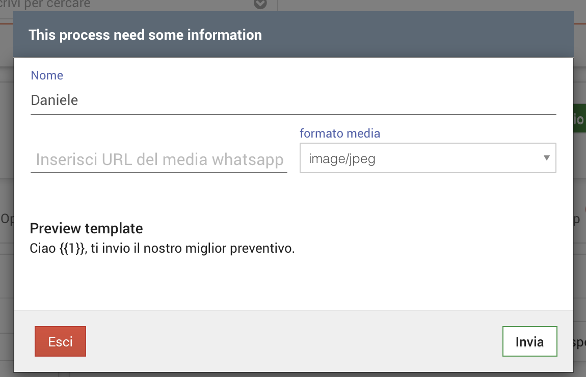 Anteprima del template con i dati del contatto
