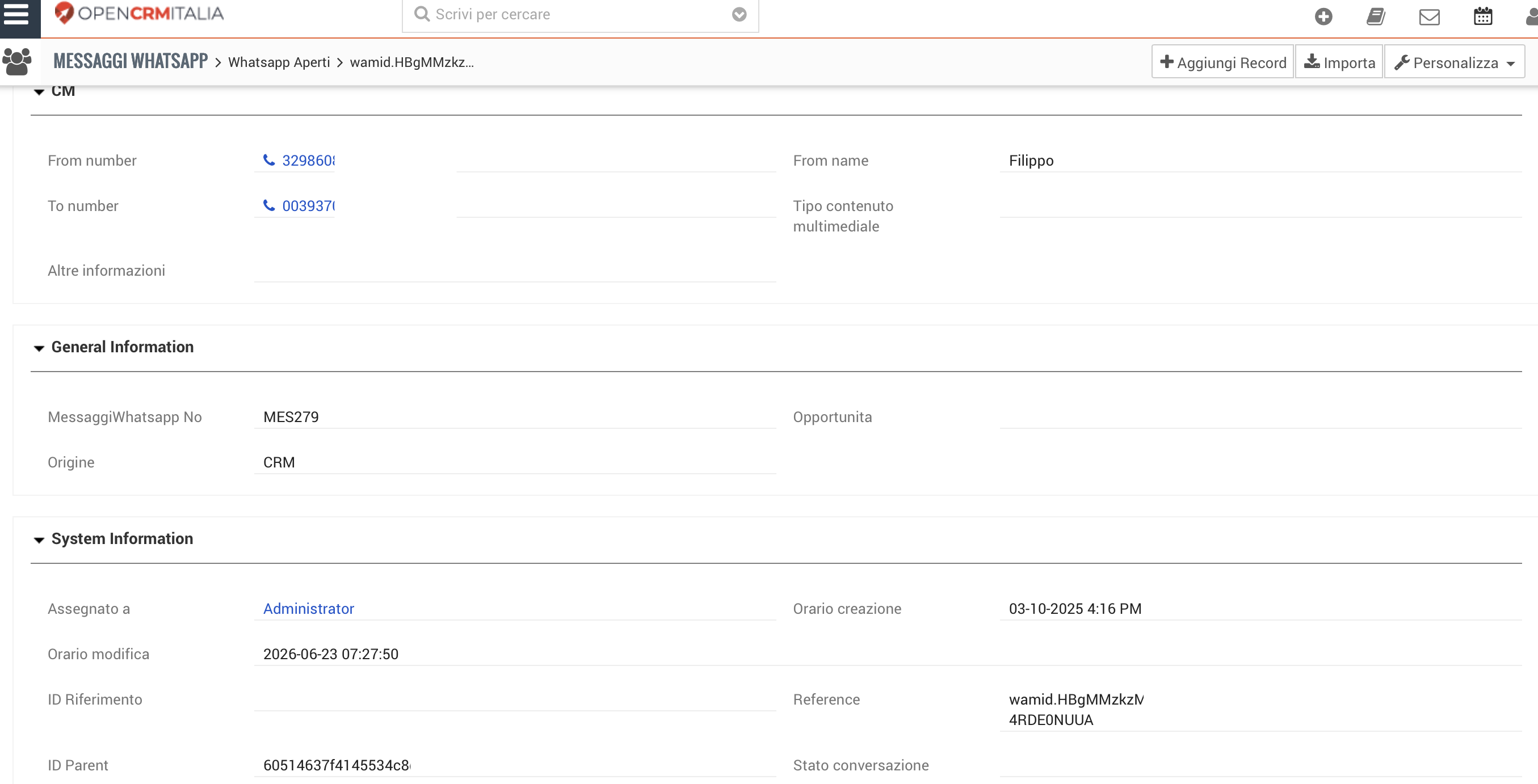 Dettaglio tecnico del messaggio con riferimento wamid e ID Parent