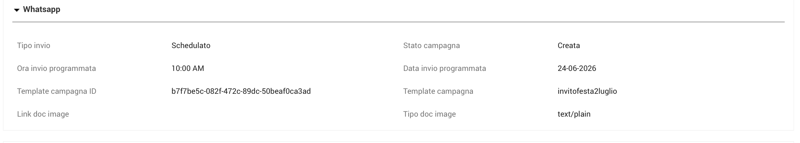 Riepilogo settaggi campagna Whatsapp